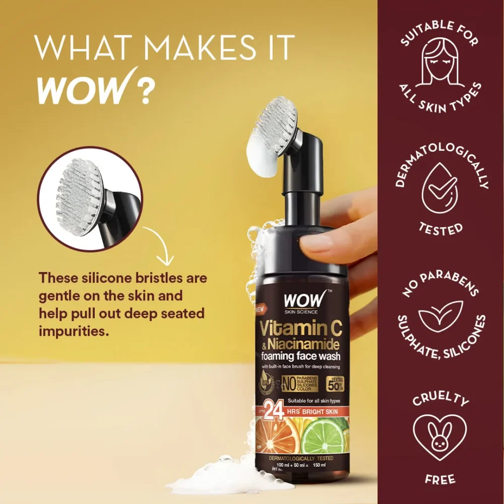 Wow Skin Science Brightening Vitamin C Foaming Face Wash With Built-in Face Brush (150ml)