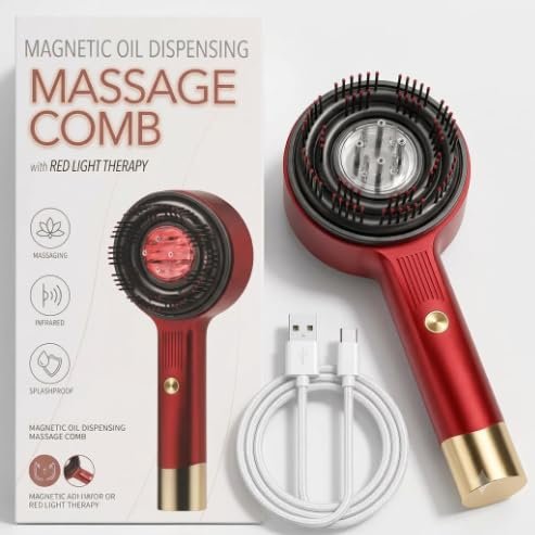 Magnetic Oil Dispensing Massage Comb with Red Light Therapy